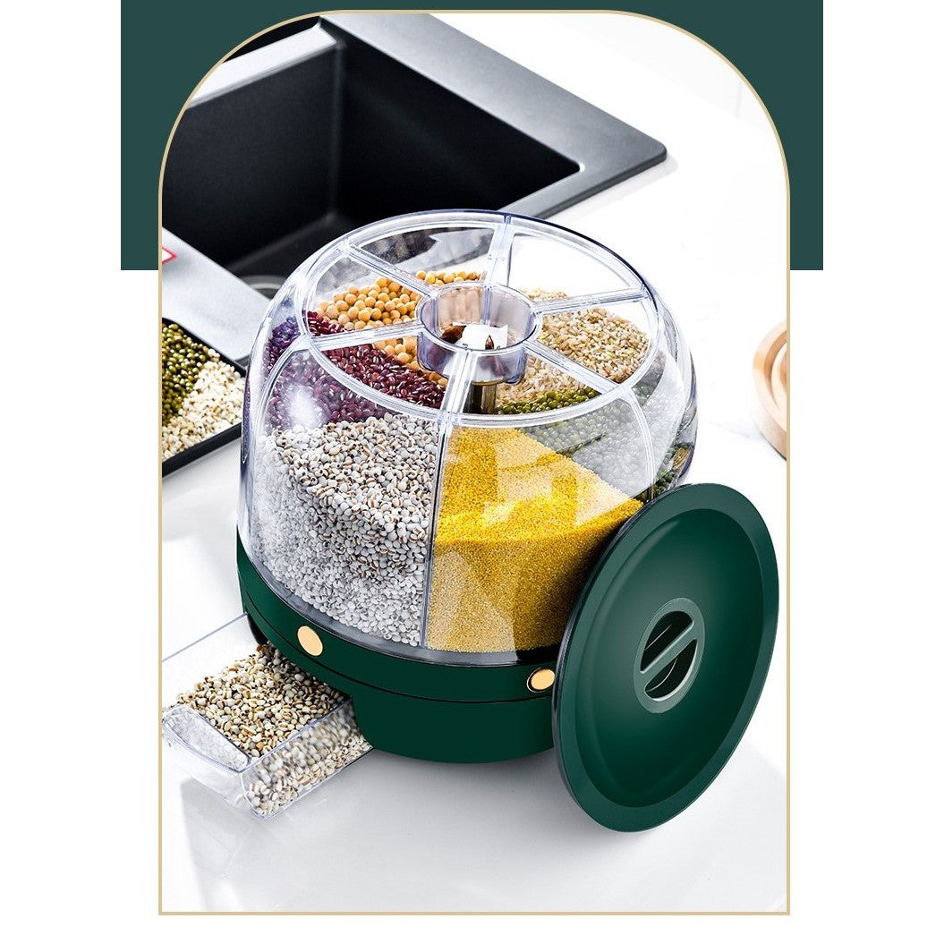 Dozator de cereale Vivimall, rotativ 360, 6 compartimente, capacitate 3 L, rezistent la umezeala, inchidere etansa, verde inchis - vivimall.ro