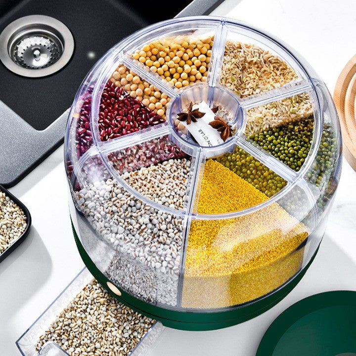 Dozator de cereale Vivimall, rotativ 360, 6 compartimente, capacitate 3 L, rezistent la umezeala, inchidere etansa, verde inchis - vivimall.ro