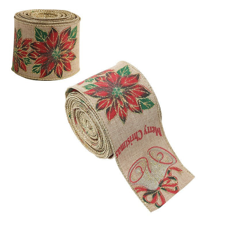 Panglica Decorativa pentru Craciun, Flippy, Ornament pentru Brad de Craciun, Pretreceri, Panglica cu Design Floare Rosie si Merry Christmas, 200 x 6.3 cm, Khaki- - vivimall.ro