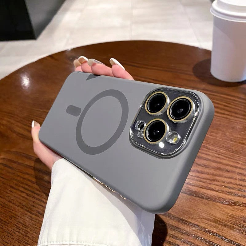 Husă Silicon Lichid iPhone 17 Pro magnetică cu protecție cameră, culoare Gri Titanium, vedere frontală