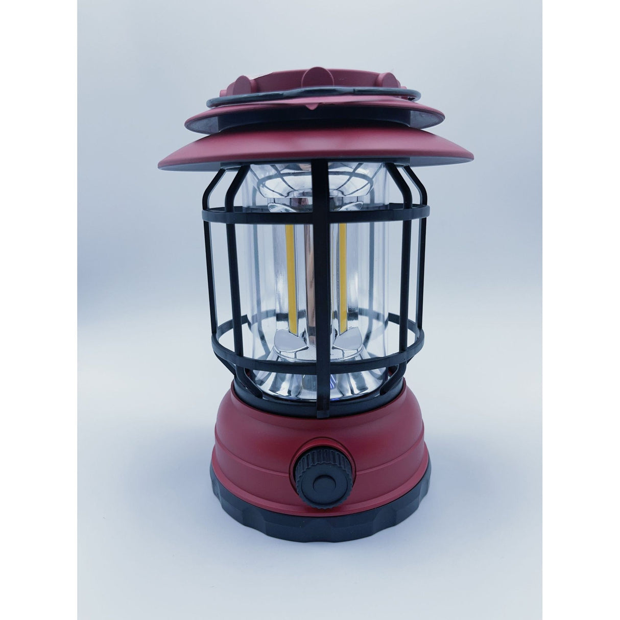 Lampa portabila camping, Felinar Vintage, ABS, Iluminare 30 COB LED, Intensitate reglabila, Acumulator inclus, Incarcare Solara si USB, 5W, Vivimall, Rosu - vivimall.ro
