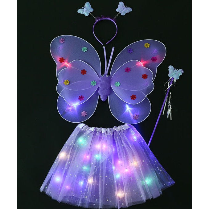 Costum Fluturas Cu Aripi Modelabile Luminoase Pentru Copii, Fusta Din Tul Cu Lumini, Bagheta Si Bentita, 4 Piese, Pentru Halloween, Roleplay, Craciun, Carnaval, Paste, Ziua Copilului, Bumbac/Poliester, Marime Universala - vivimall.ro