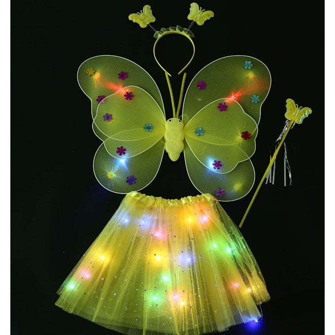 Costum Fluturas Cu Aripi Modelabile Luminoase Pentru Copii, Fusta Din Tul Cu Lumini, Bagheta Si Bentita, 4 Piese, Pentru Halloween, Roleplay, Craciun, Carnaval, Paste, Ziua Copilului, Bumbac/Poliester, Marime Universala - vivimall.ro