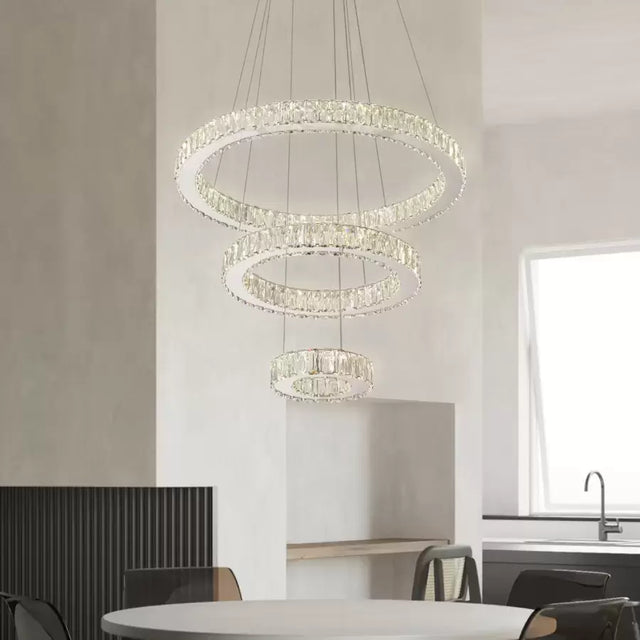 Lustra Led Suspendata Cu Telecomanda Si Cristal Canaan, 3 Cercuri, Lumina Rece/Calda/Neutra, Dimabila, Crom Lucios - vivimall.ro