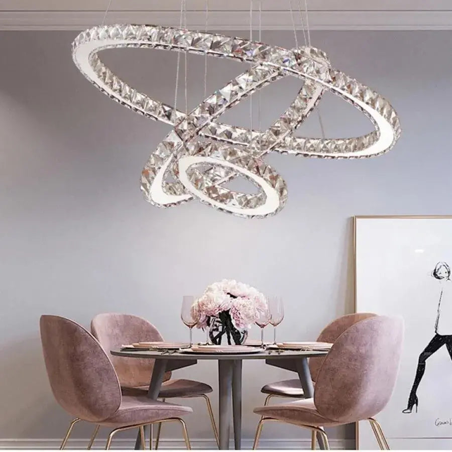 Lustra Led Suspendata Cu Telecomanda Si Cristal Prism Luminis, 3 Cercuri, Lumina Rece/Calda/Neutra, Dimabila - vivimall.ro