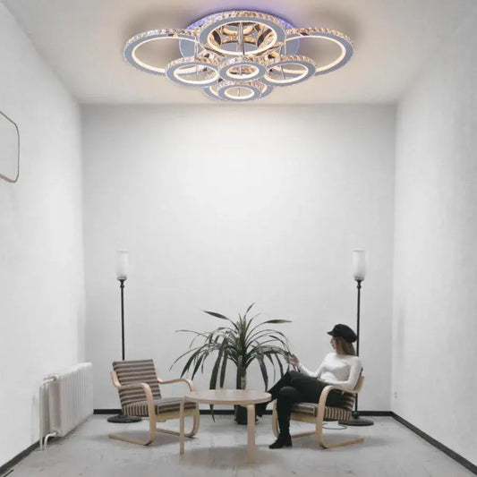 Lustra Led Cu Telecomanda Si Cristal Lia Rgb, 8 Cercuri, Lumina Rece/Calda/Neutra, Dimabila - vivimall.ro