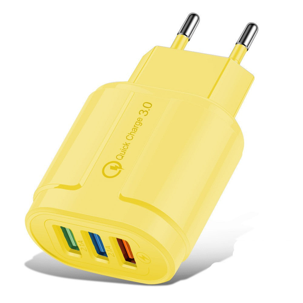 Încărcător rapid QC3.0 Vivimall cu 3 porturi USB, 18W, design galben Macarons, vedere frontală