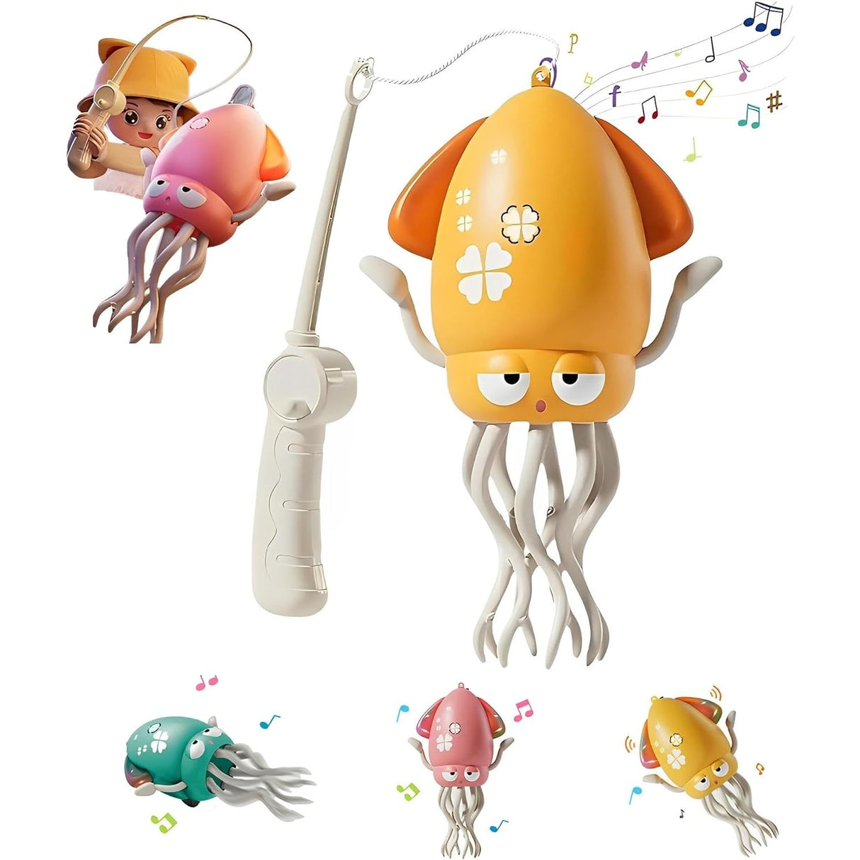 Caracatita Dansatoare, Flippy, +3 Ani, 3 Moduri, din ABS, Incarcare USB, cu Undita Inclusa, 12.6 x 7.6 x 20.7 cm, Galben - vivimall.ro