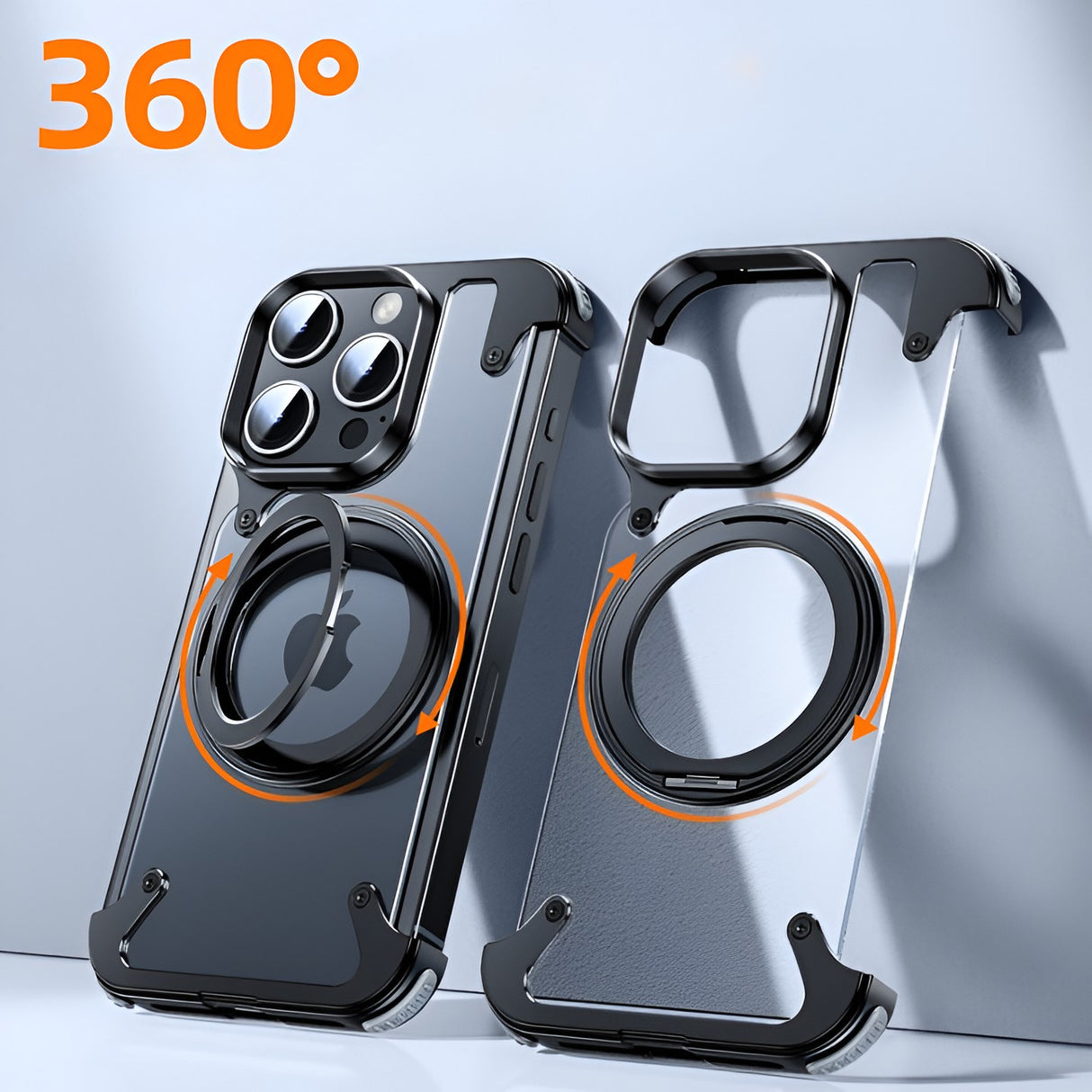 Funcție suport vertical husă iPhone 15 Pro Max cu inel rotativ 360, policarbonat negru transparent
