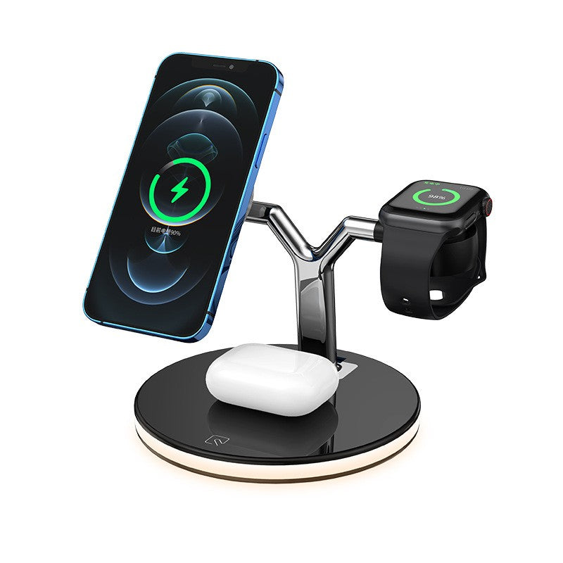 Stație de încărcare 3 în 1 MagSafe Wireless negru, vedere frontală, compatibilă iPhone, iWatch, AirPods