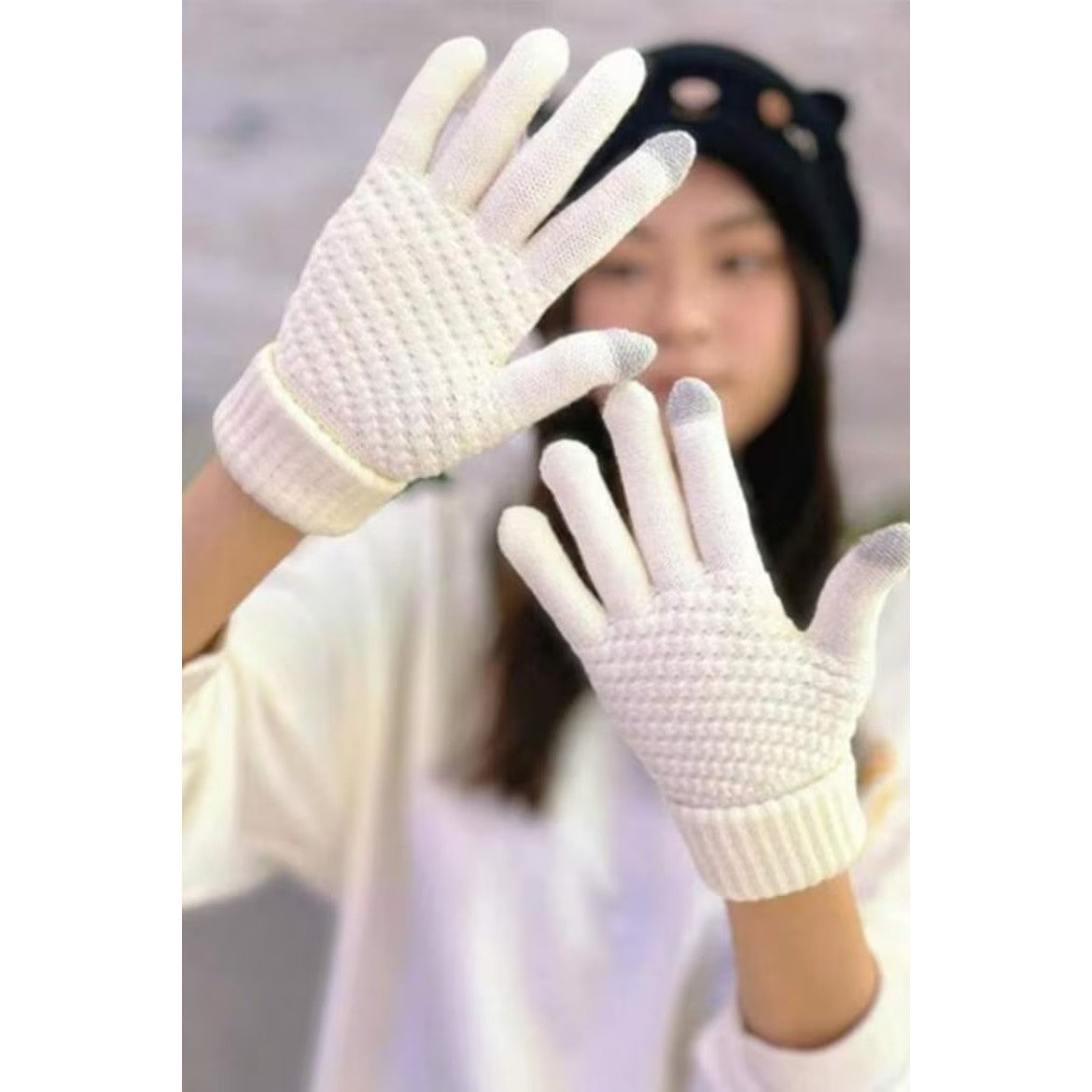 Manusi de Dama, Flippy, Functie Touchscreen (ecran tactil), Material Acril Tricotat, Manseta Elastica, Interior Catifelat, Marime Universala, Alb - vivimall.ro