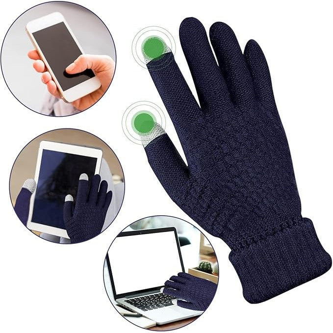 Manusi de Dama, Flippy, Functie Touchscreen (ecran tactil), Material Acril Tricotat, Manseta Elastica, Interior Catifelat, Marime Universala, Albastru Marin - vivimall.ro