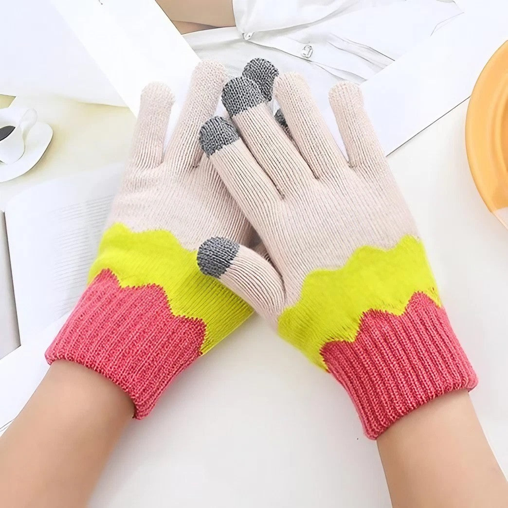 Manusi de Dama, Flippy, Model Ondulat, Functie Touchscreen (ecran tactil), Material Acril Tricotat, Manseta Elastica, Interior Catifelat, Marime Universala, Galben/Roz - vivimall.ro