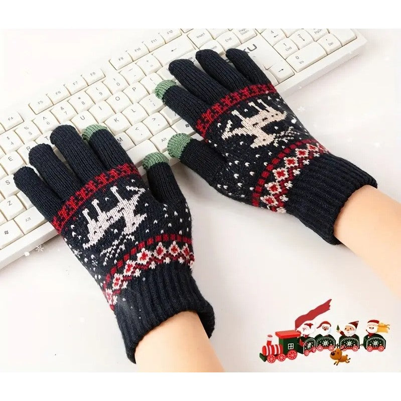 Manusi de Dama, Flippy, Model Ren, Functie Touchscreen (ecran tactil), Material Acril Tricotat, Manseta Elastica, Interior Catifelat, Marime Universala, Albastru Marin - vivimall.ro