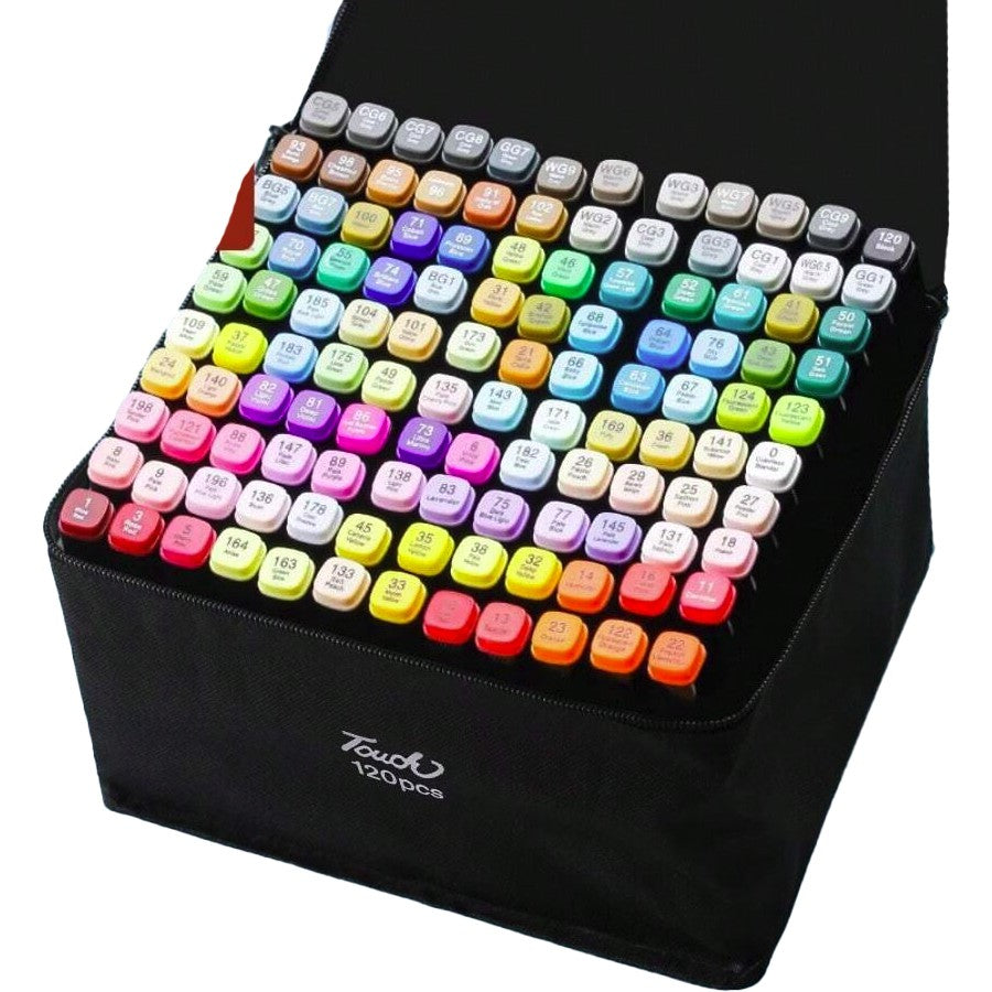 Markere cu Alcool Touch Room, Vivimall, Paleta mare Set de 120+ de Culori, Capat Lat si Capat Precis, Geanta Inclusa, Multicolor - vivimall.ro