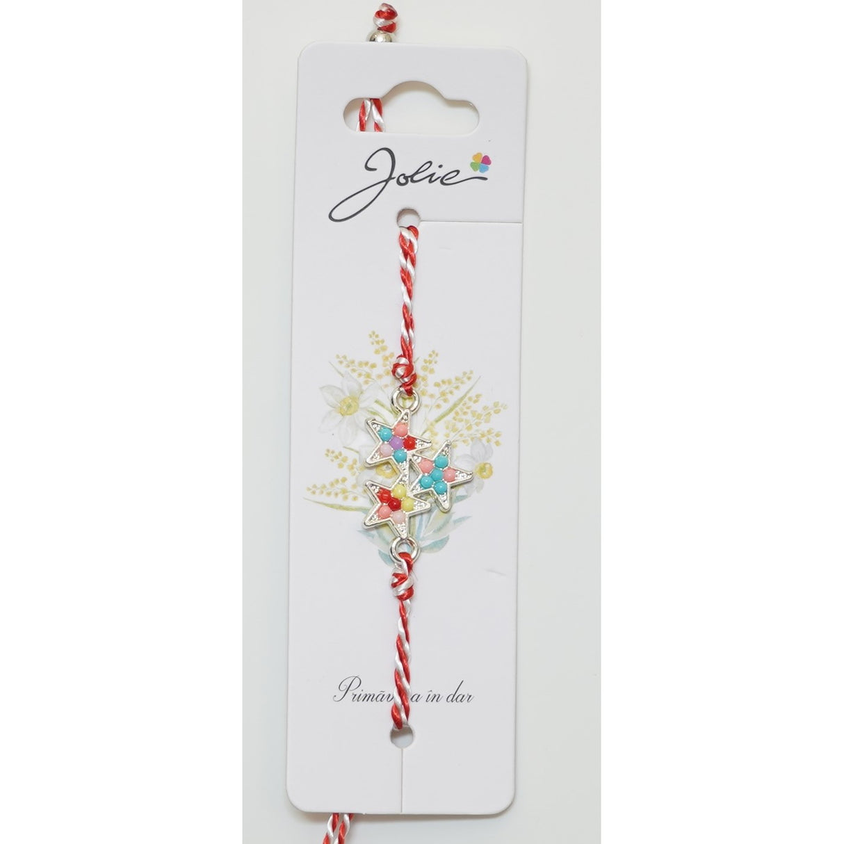 Martisor Bratara Alb-Rosu cu Pandantiv Metalic, Model 4 - vivimall.ro