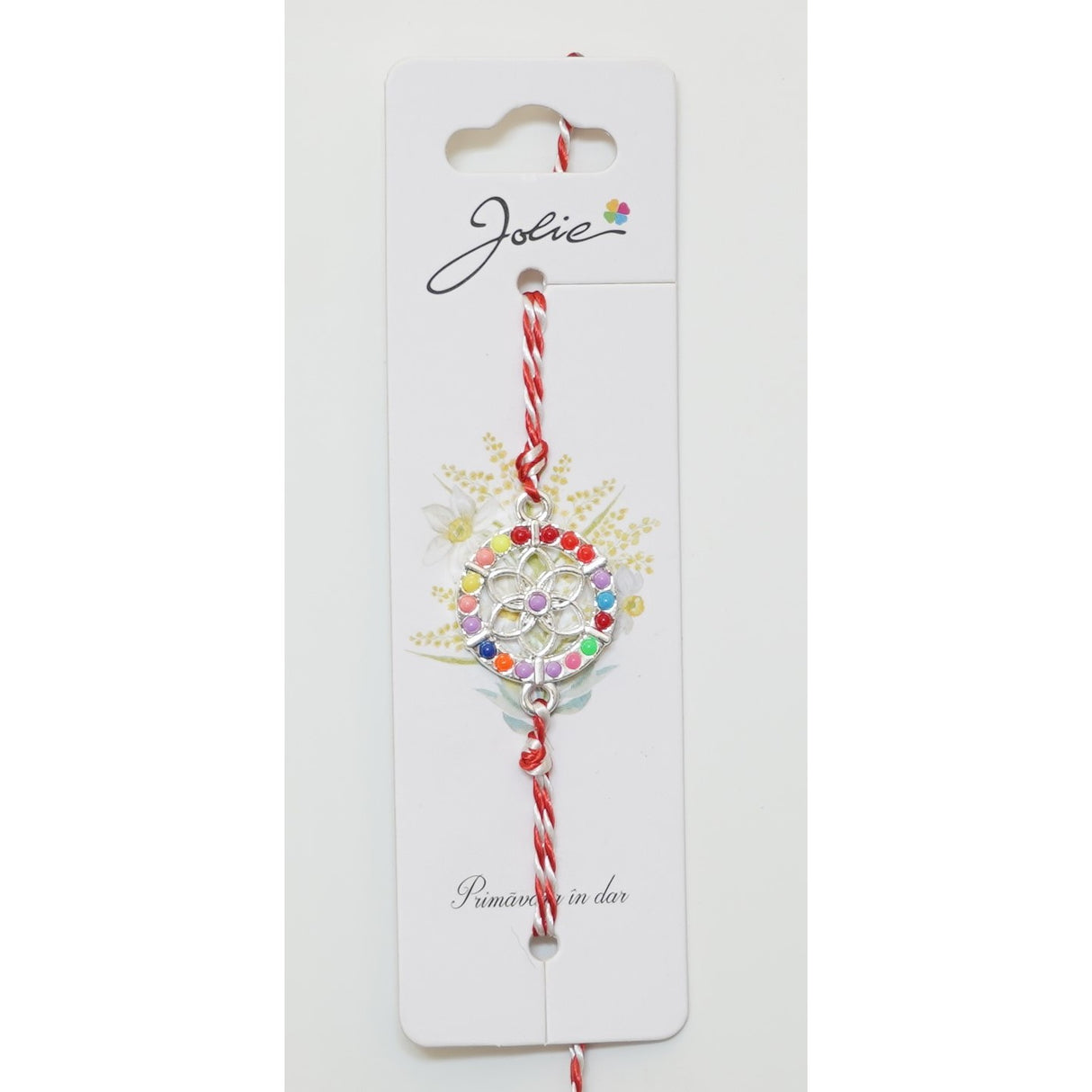 Martisor Bratara Alb-Rosu cu Pandantiv Metalic, Model 5 - vivimall.ro