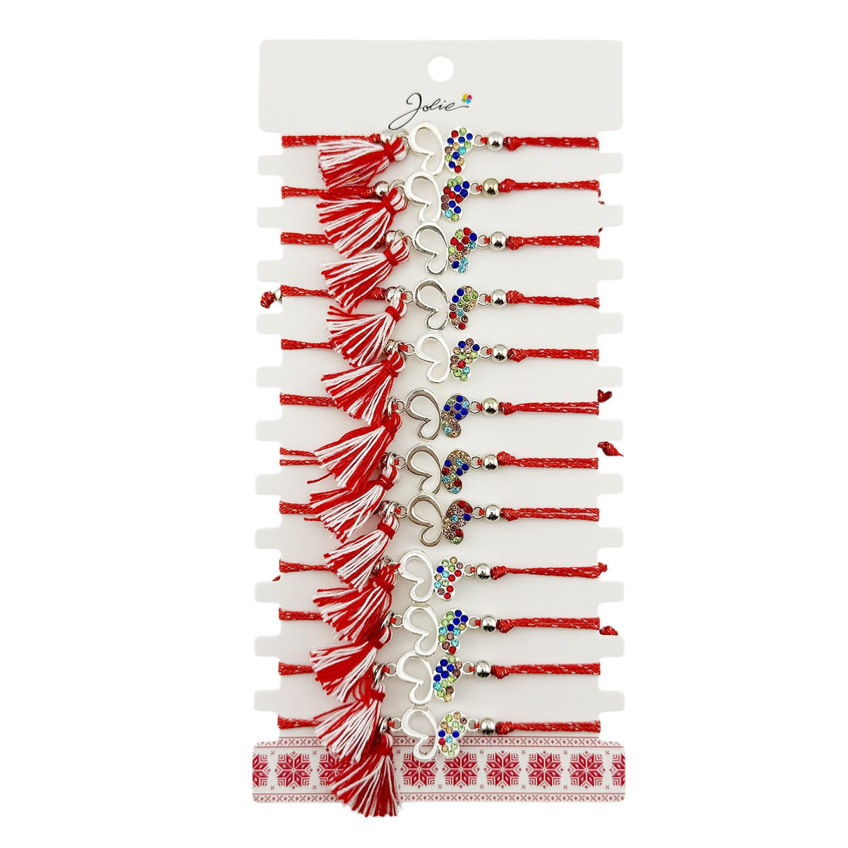 Set 12 brățări mărțișor Jolie model fluture cu pietre colorate, snur roșu și alb, vedere de ansamblu