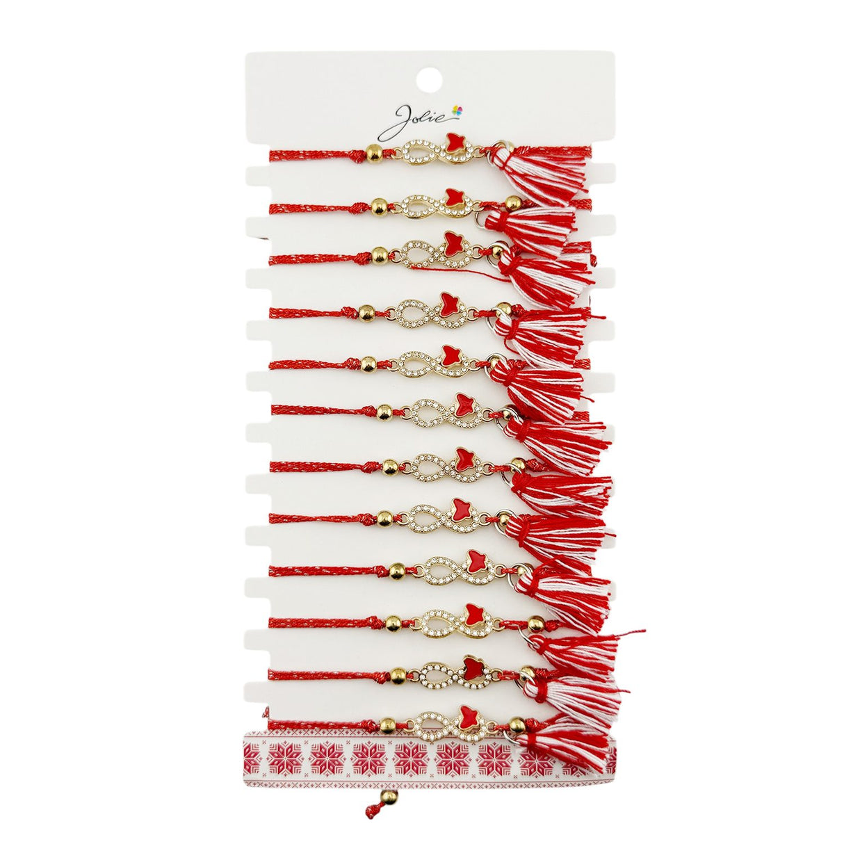 Set 12 brățări mărțișoare Jolie cu ciucure, model infinit fluture, pandantiv inox cu pietre, roșu și alb, vedere de ansamblu