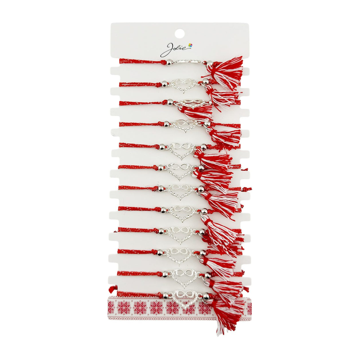 Martisor Bratara cu Ciucure pentru Dama, Jolie, Model Inima Infinit, Set 12 bucati, Pandativ din Inox cu Pietre, Snur Reglabil, Rosu/Alb - vivimall.ro