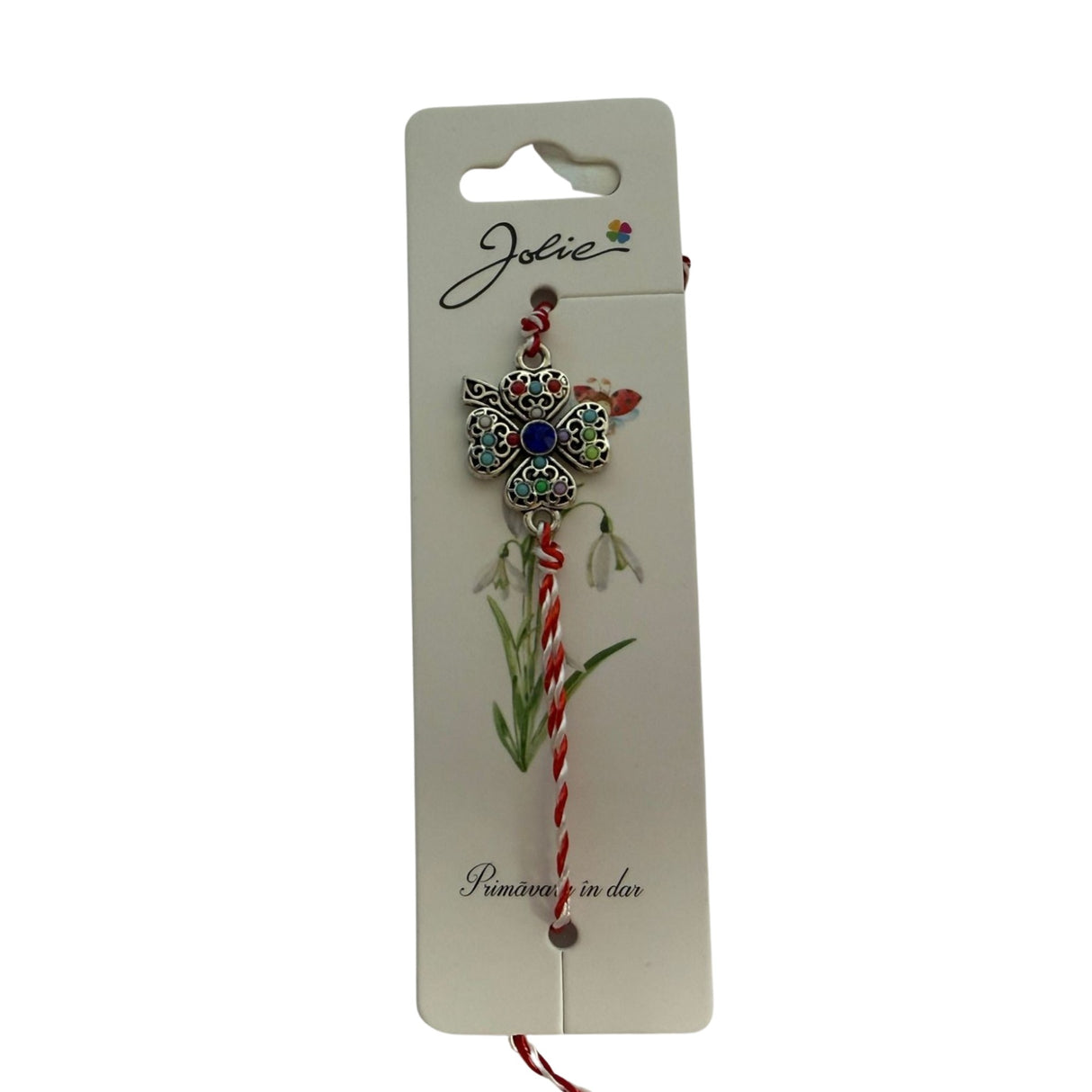 Brățară mărțișor Jolie prezentată ca idee de cadou de 1 Martie, model trifoi multicolor pe snur reglabil