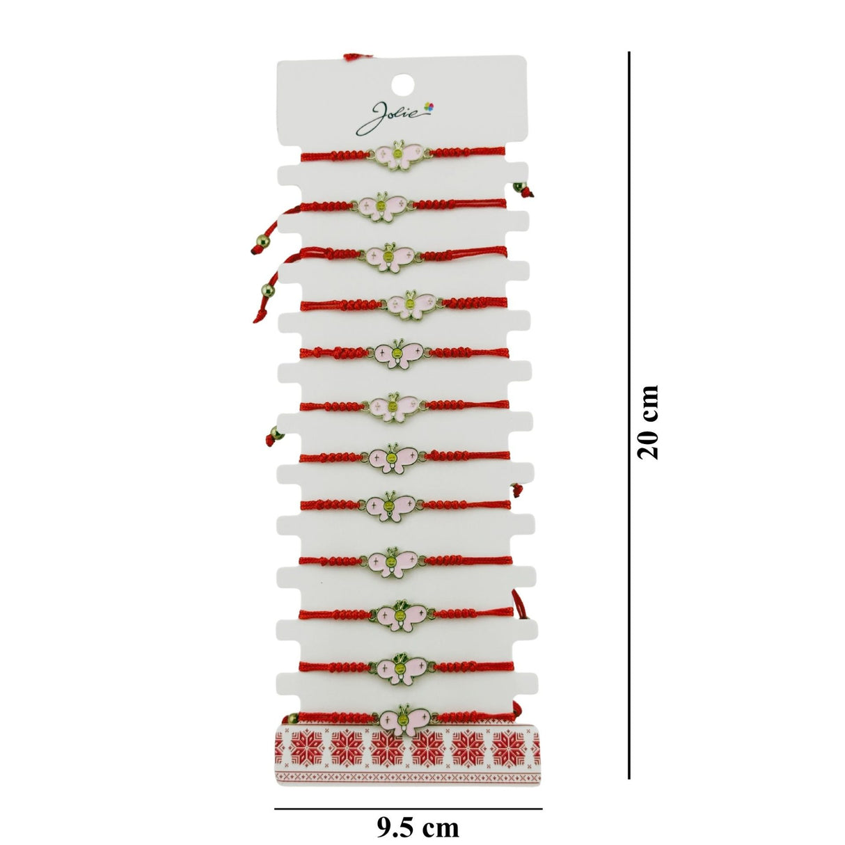 Brățări mărțișor Jolie model Fluture Vesel expuse pe suport, set 12 bucăți, șnur roșu mătăsos, prezentare elegantă