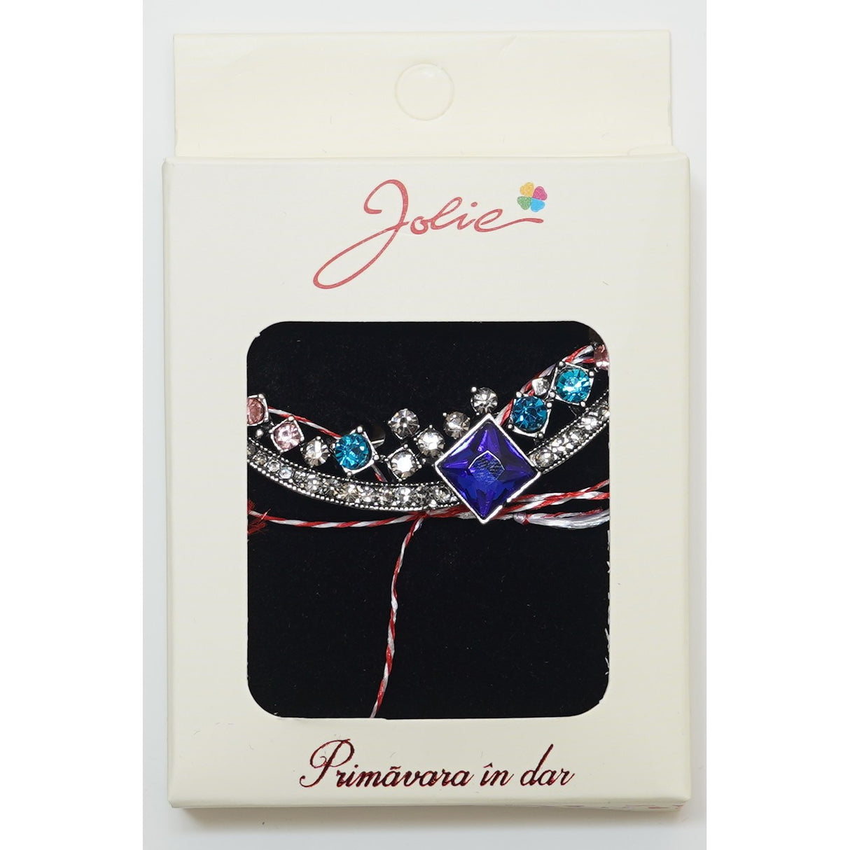 Broșă mărțișor multicoloră din metal, model floral decorativ, dimensiune aproximativ 5 cm, vedere frontală