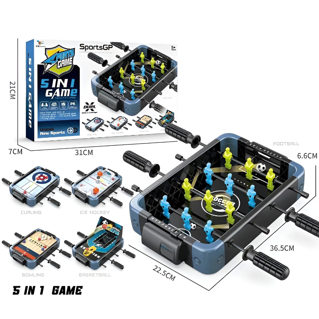Masa de Joc 5in1 Vivimall, cu Teren Schimbabil de Fotbal, Basket, Bowling, Curling si Hockey, cu Tablou Scor, din ABS, 36.5x22.5x6.6 cm, Design Multicolor, pentru Copii/ Adulti - vivimall.ro