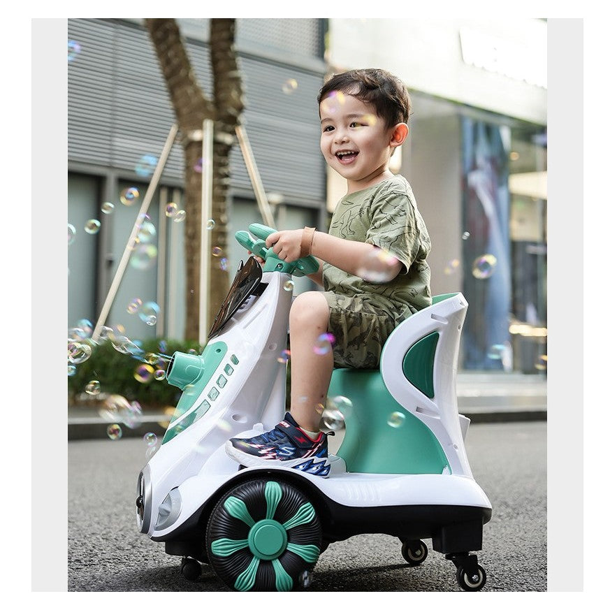 Masinuta electrica cu telecomanda pentru copii, Flippy, roti spate rotire 360, curea siguranta, baloane de sapun, lumini si sunete, self control si prin telecomanda, cu pedale de acceleratie si frana, verde