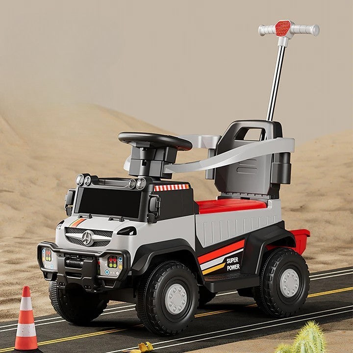 Masinuta Electrica, Vivimall, pe 4 Roti, cu Telecomanda si Maner Detasabil, Cos de Depozitare, Lumini Led si Muzica, +1 an, Greutate Portanta 40 kg, Gri - vivimall.ro