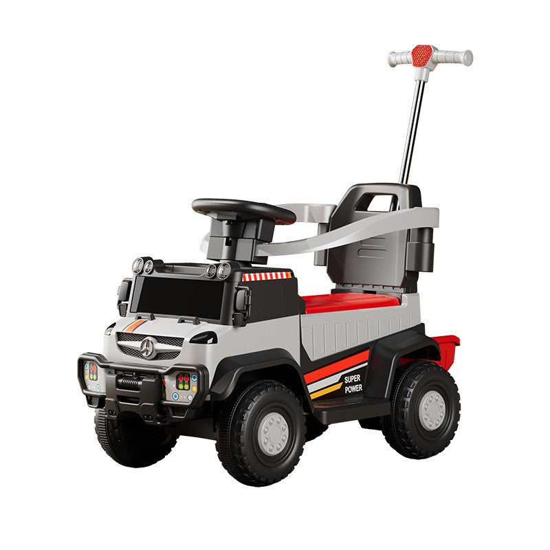 Masinuta Electrica, Vivimall, pe 4 Roti, cu Telecomanda si Maner Detasabil, Cos de Depozitare, Lumini Led si Muzica, +1 an, Greutate Portanta 40 kg, Gri - vivimall.ro