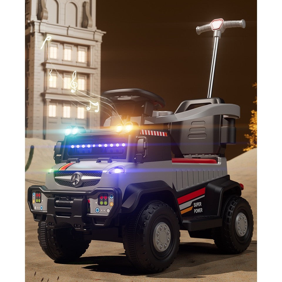 Masinuta Electrica, Vivimall, pe 4 Roti, cu Telecomanda si Maner Detasabil, Cos de Depozitare, Lumini Led si Muzica, +1 an, Greutate Portanta 40 kg, Gri - vivimall.ro