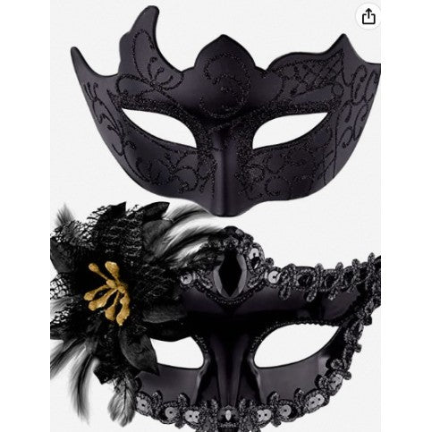 Set 2 Masti de Cuplu, Flippy, pentru Carnaval, Bal Mascat, Marime Universala, Model Floare Laterala si Margele, Model Clasic, Negru texturat