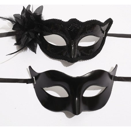 Set 2 Masti de Cuplu, Flippy, pentru Carnaval, Bal Mascat, Marime Universala, Model Floare Laterala si Margele, Model Clasic Fluture, Negru
