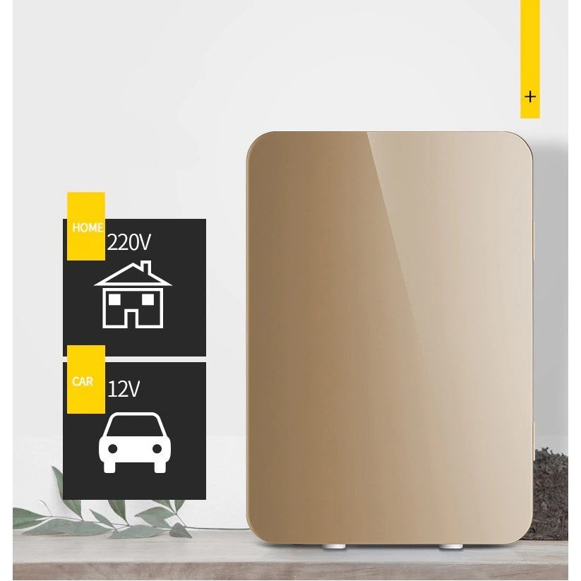 Mini frigider cosmetice, Vivimall, dubla functie de incalzire/racire, portabil, Exterior -19x28x26 cm, Interior - 14x24x15, cm 8L, gold, Resigilat - vivimall.ro