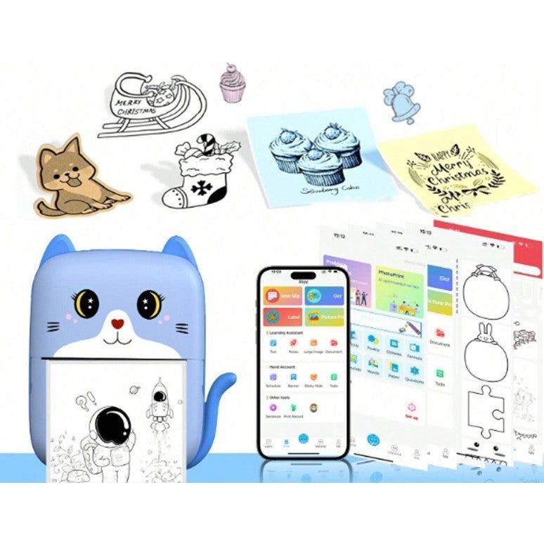 Mini Imprimanta Foto Portabila, Vivimall, Incarcare USB, Bluetooth, Model Pisicuta, Print Alb-Negru, Albastru - vivimall.ro