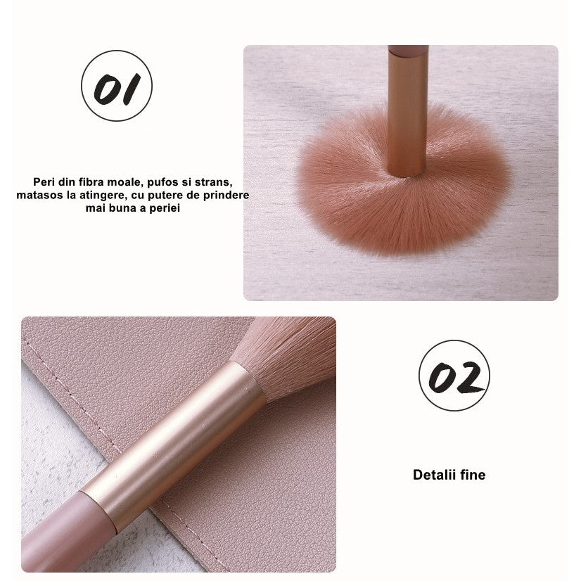 Mini Set Portabil 8 Pensule Pentru Machiaj Super Soft, Makeup Profesional/Incepatori, Maner Ergonomic, Gentuta Depozitare Inclusa - vivimall.ro
