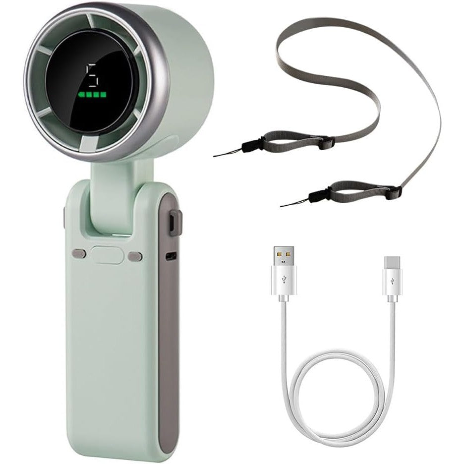 Mini Ventilator Portabil, Flippy, 5 Trepte de Viteza, Afisaj Digital, Incarcare USB, 5V, 2A, 5.95 x 5.2 x 17.2 cm, Verde