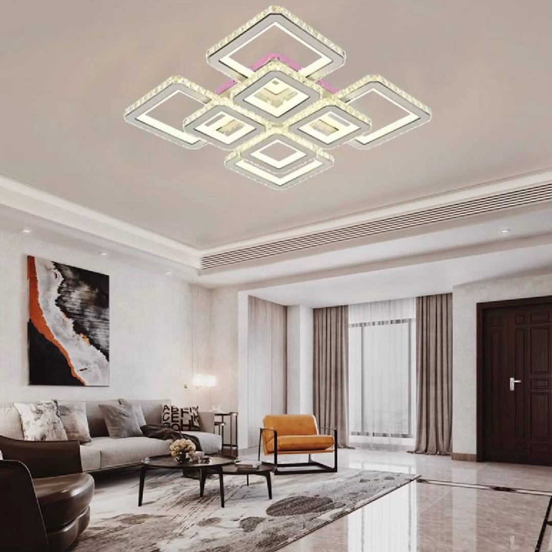 Lustra Led Cu Telecomanda Si Cristal Leila, 8 Patrate, Lumina Rece/Calda/Neutra, Dimabila - vivimall.ro