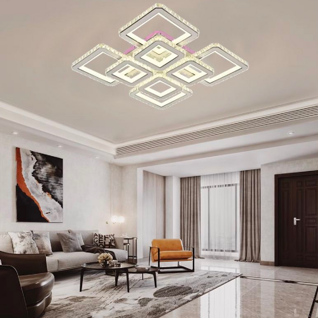 Lustra Led Cu Telecomanda Si Cristal Leila, 8 Patrate, Lumina Rece/Calda/Neutra, Dimabila - vivimall.ro