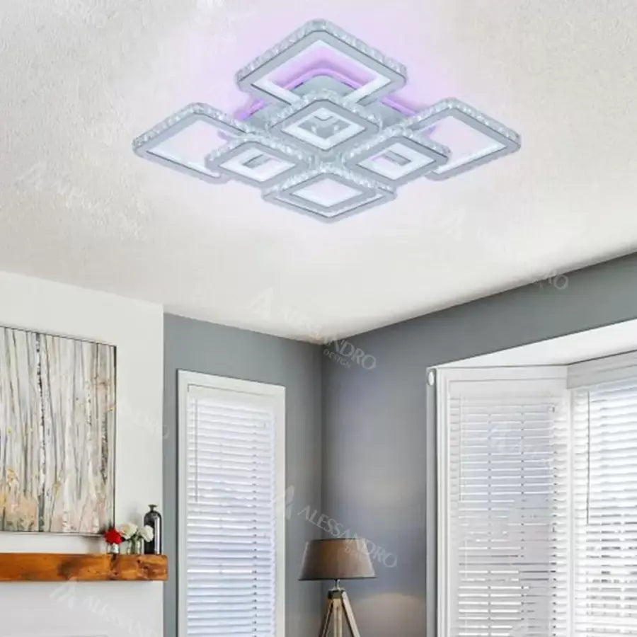 Lustra Led Cu Telecomanda Si Cristal Leila, 8 Patrate, Lumina Rece/Calda/Neutra, Dimabila - vivimall.ro