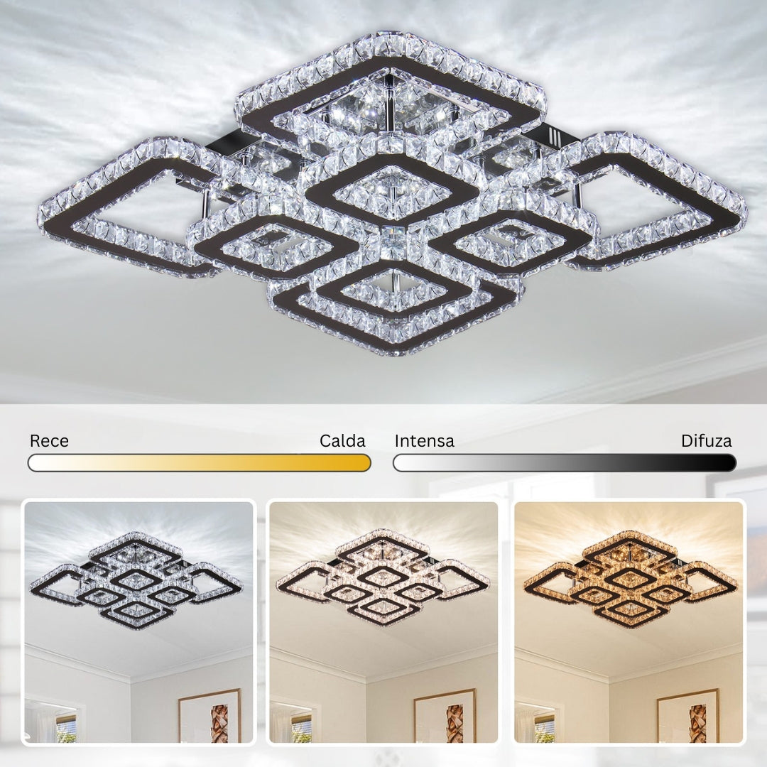 Lustra Led Cu Telecomanda Si Cristal Quadria Supremo Rgb, 8 Patrate, Lumina Rece/Calda/Neutra, Dimabila - vivimall.ro