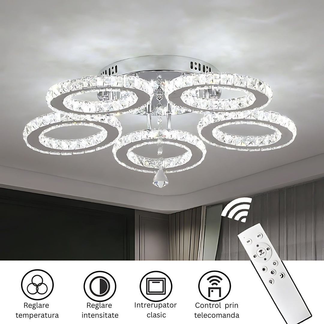 Lustra Led Cu Telecomanda Si Cristal Alanubis, 5 Cercuri, Lumina Rece/Calda/Neutra, Dimabila - vivimall.ro