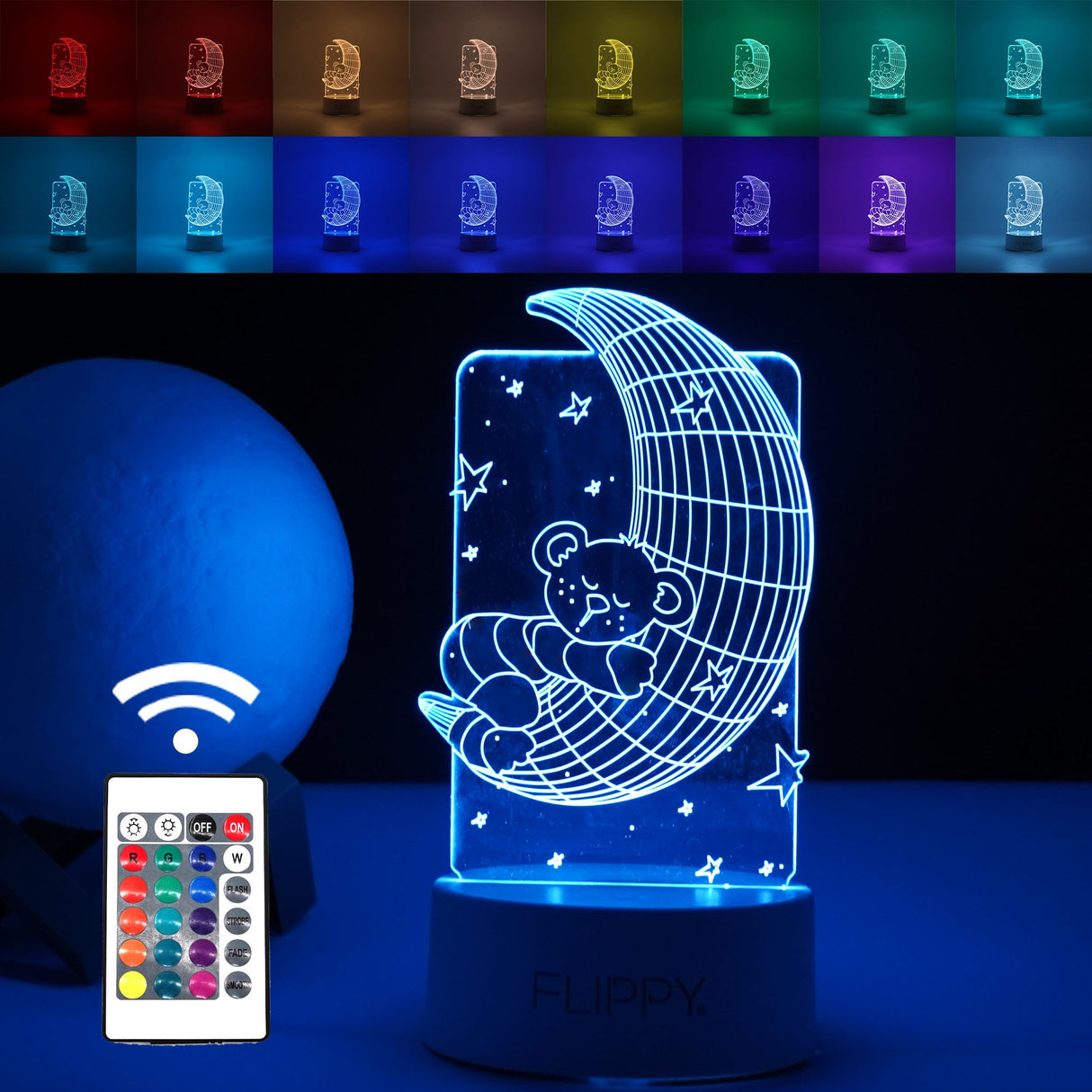 Lampa LED decorativa, Vivimall, 3D, Ursulet si Semiluna, cu telecomanda, doua moduri de alimentare USB si baterii, 20 cm inaltime, din material acril si lumina multicolora, alb - vivimall.ro