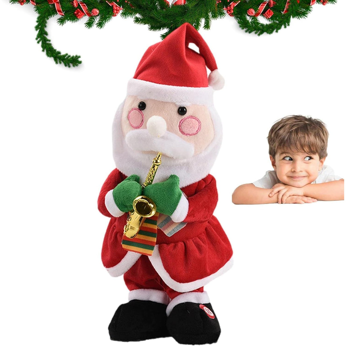 Decoratiune Mos Craciun, Flippy, Animat, care Canta si Danseaza, cu Saxofon, Imbracat Festiv, 25 cm Inaltime, Rosu