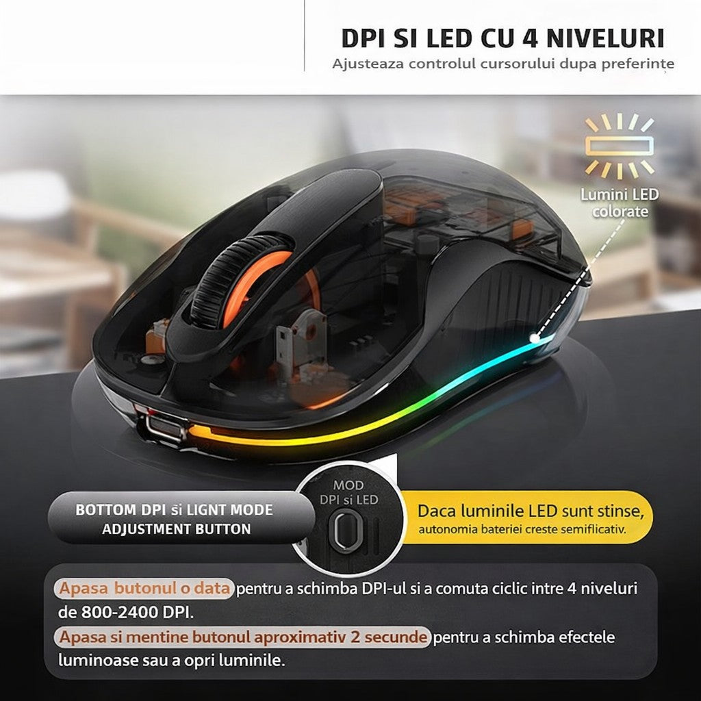 Mouse Wireless, Flippy, Dual Bluetooth, 2.4 GHz, Multi Device, USB-C, 4 Niveluri DPI 800-2400, Reincarcabil, Iluminare LED, Compatibil MacBook/iPad/Laptop, 10 x 6 cm, Negru - vivimall.ro