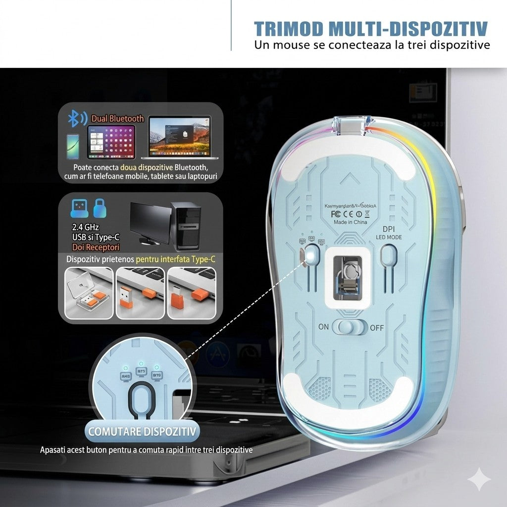 Mouse Flippy albastru, detaliu butoane silențioase și scroll, conectivitate Multi Device