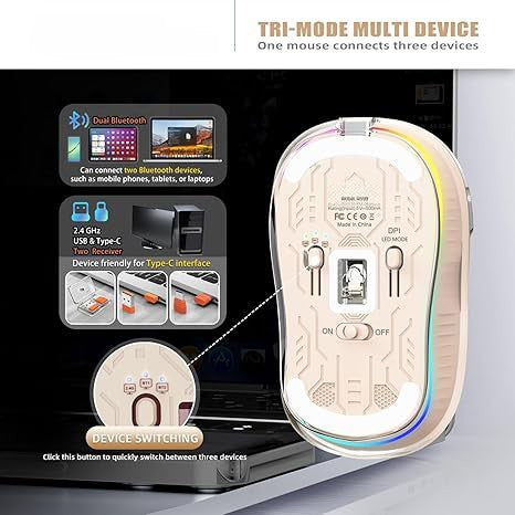 Mouse Wireless, Flippy, Dual Bluetooth, 2.4 GHz, Multi Device, USB-C, 4 Niveluri DPI 800-2400, Reincarcabil, Iluminare LED, 3,6 x 9,9 cm, Crem - vivimall.ro