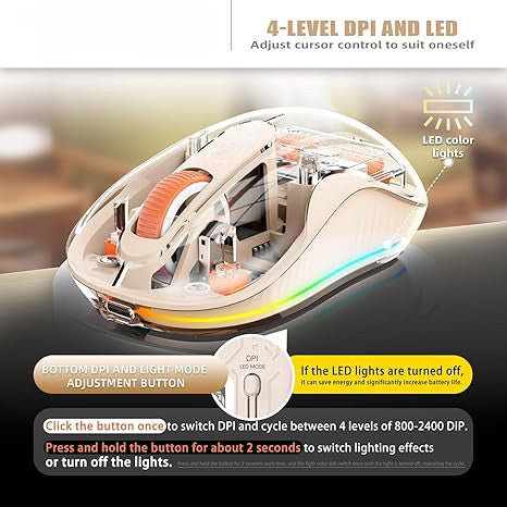 Mouse Wireless, Flippy, Dual Bluetooth, 2.4 GHz, Multi Device, USB-C, 4 Niveluri DPI 800-2400, Reincarcabil, Iluminare LED, 3,6 x 9,9 cm, Crem - vivimall.ro