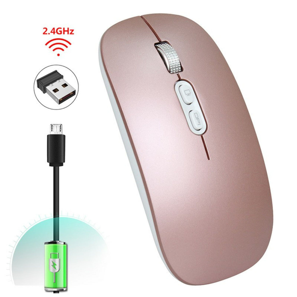 Mouse Wireless Reincarcabil, Flippy, Compatibil Windows/macOS, Bluetooth 5.1 + 2.4GHz, Silentios, DPI 800/1200/1600, Roz Auriu - vivimall.ro